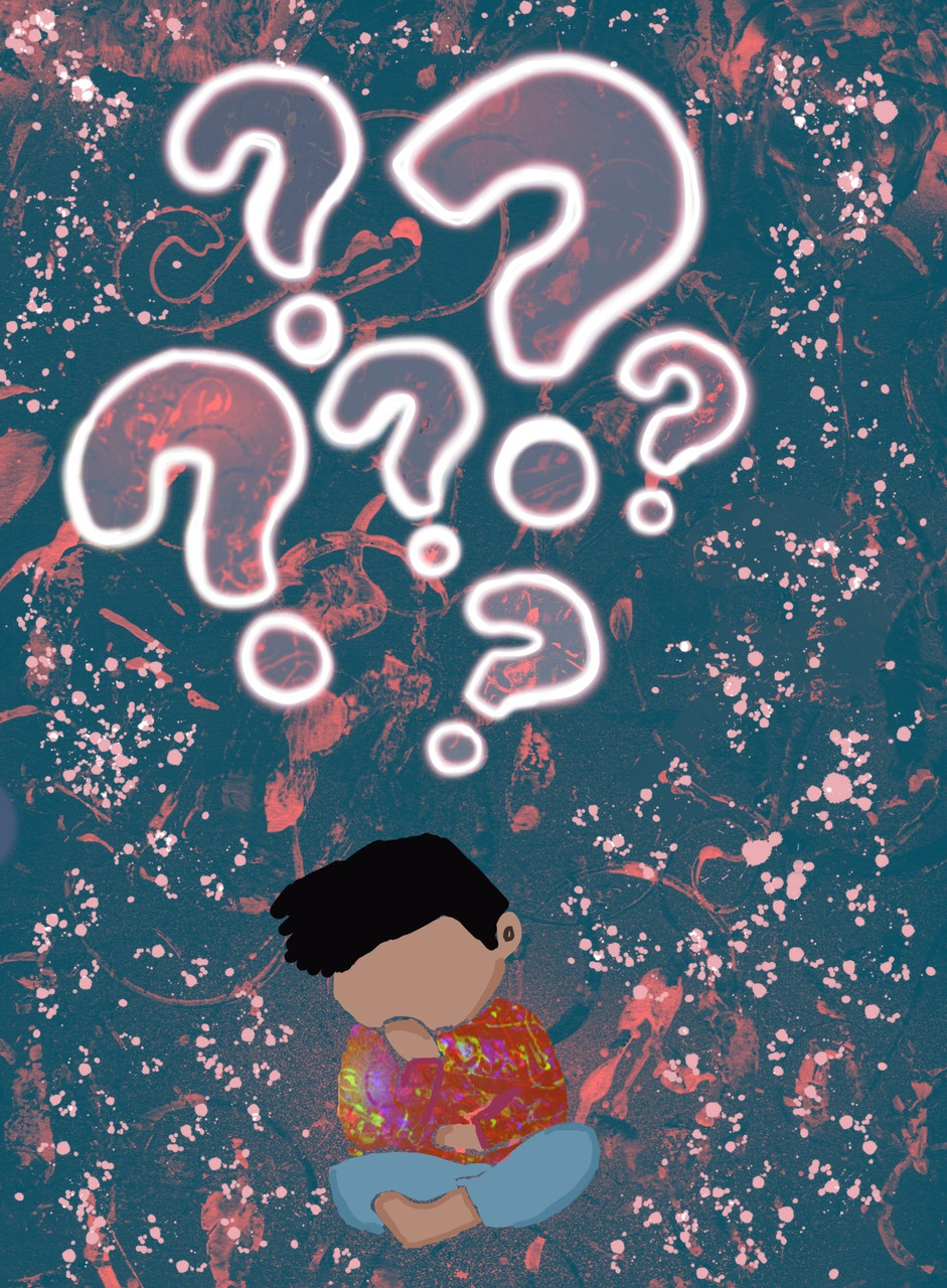 A digital painting of a young child seated with large animated question marks floating above them