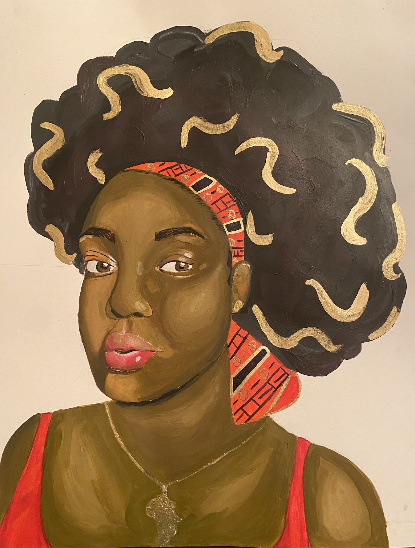 A painting of a young woman with streaks of gold in her hair
