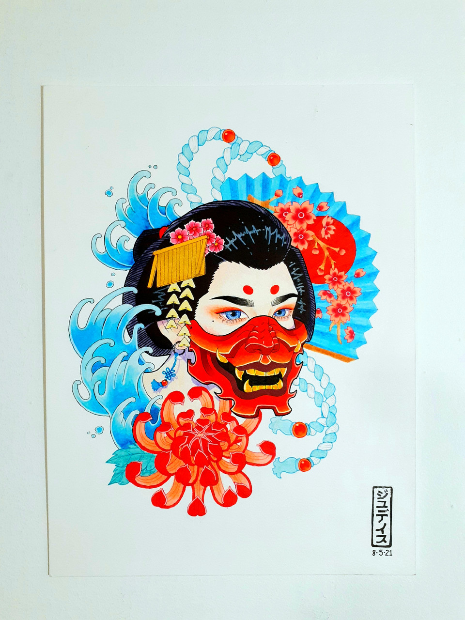 painting of a woman wearing a dragon like mask with a paper fan behind her