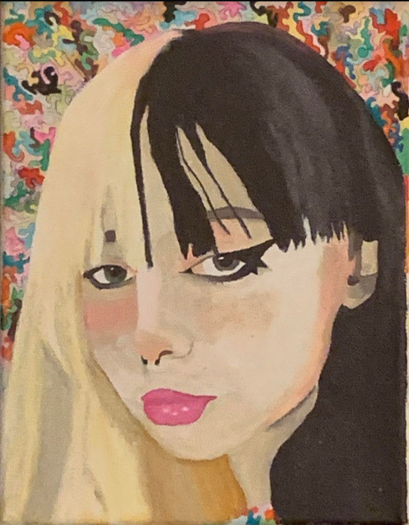 Painting of a person with half black and half blonde hair