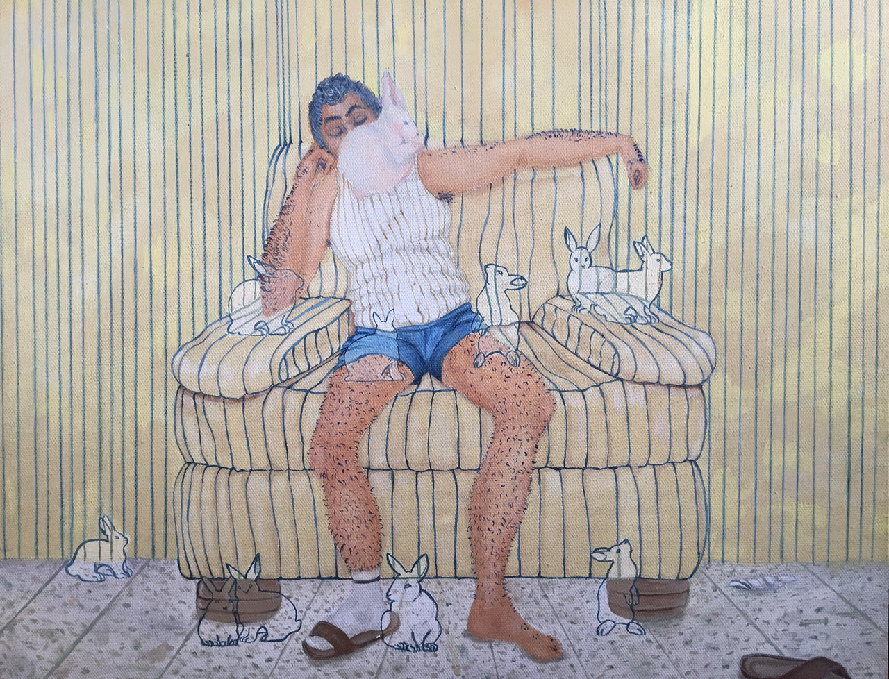 Drawing of a person sitting in a chair with rabbits around them