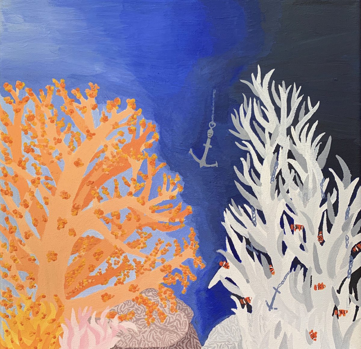 Acrylic painting of coral reef and an anchor