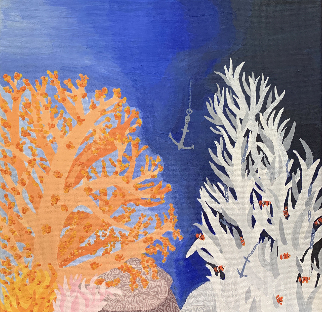 Acrylic painting of coral reef and an anchor