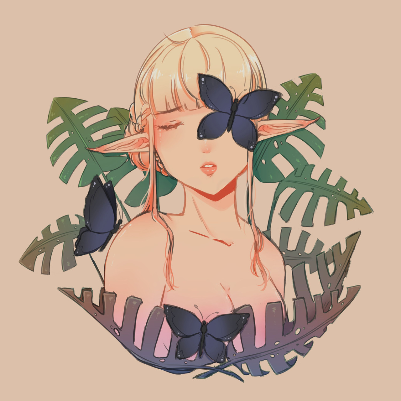 digital painting of an elvish looking character with butterflies landing on her