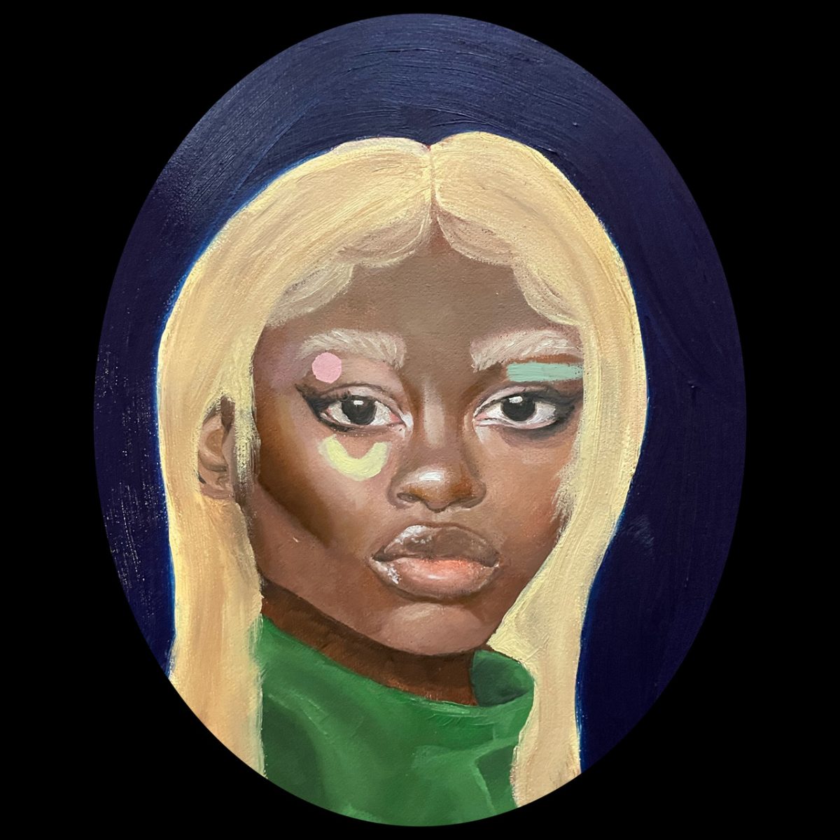 Painted portrait of a person on a purple background