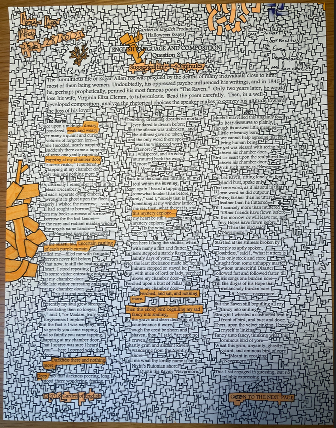 Found poem with drawings and color to highlight prose