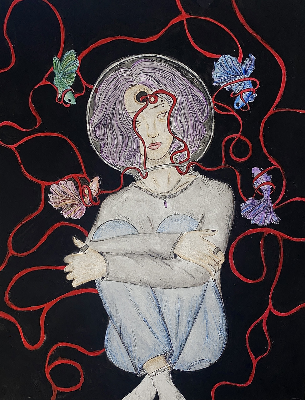 painting of a young woman seated with a glass fish bowl on her head with goldfish swarming around her