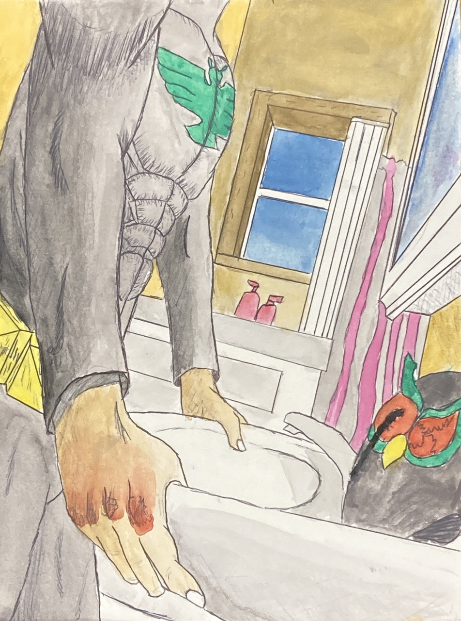 Painting of a faceless superhero looking into a mirror with bruised hands