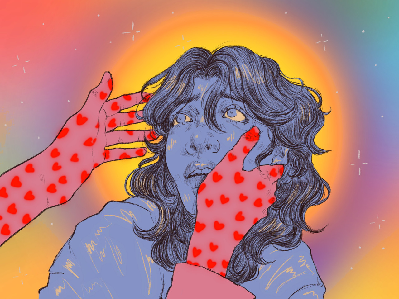 Colorful drawing of hands embracing a person's head