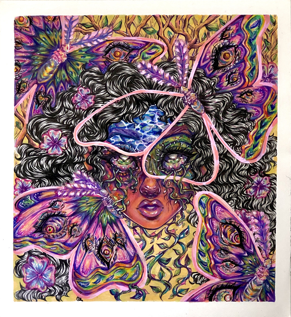 Painting of a face with butterflies layered over it