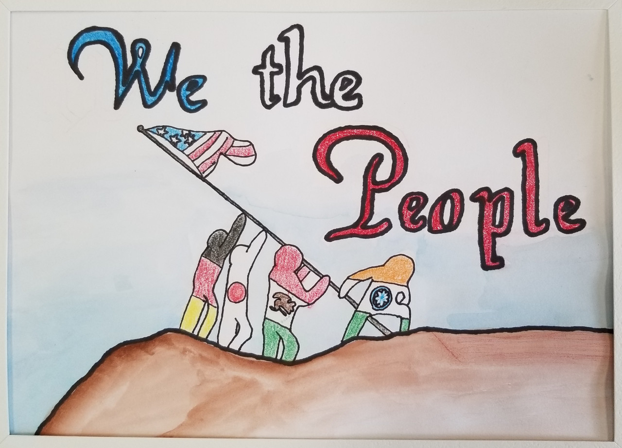 cartoon style drawing of people as flags raising an american flag