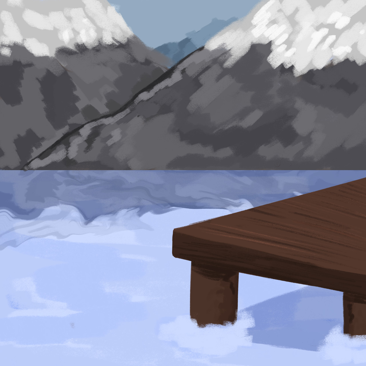 Painting of a dock in front of mountains