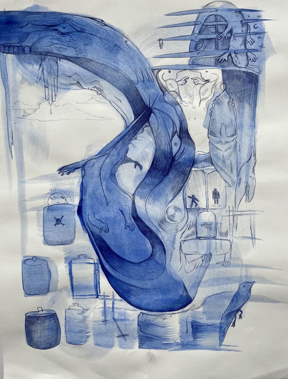 abstract drawing of lizards in blue ink and blue watercolor