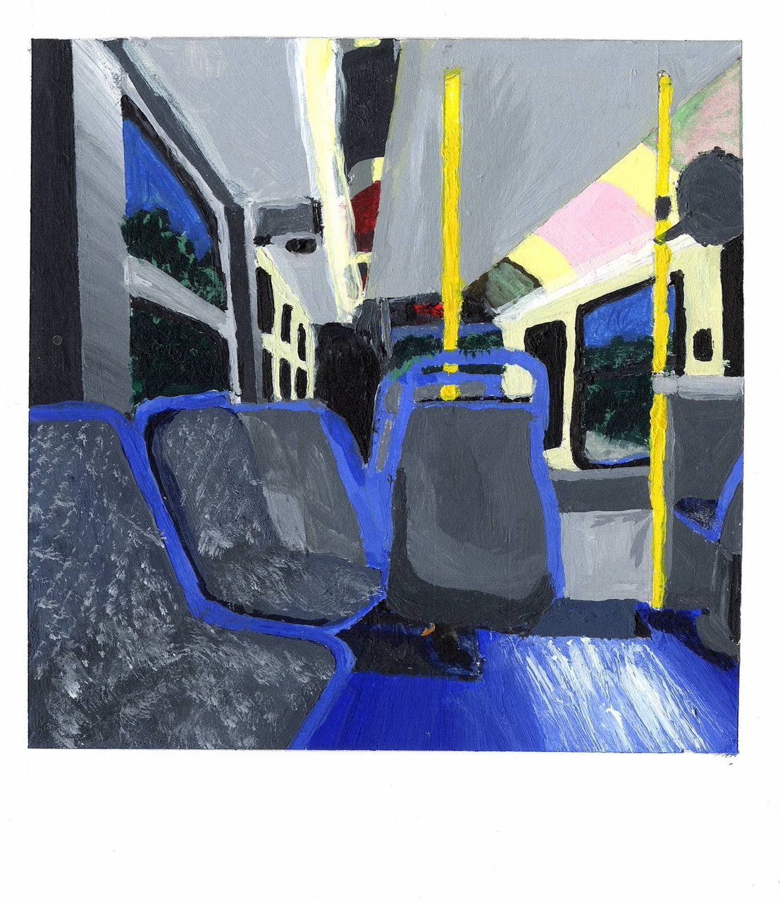 abstract painting of the interior of a an el car