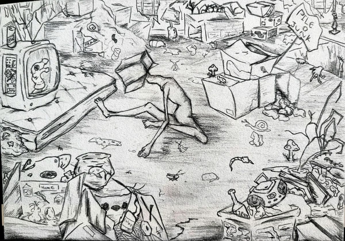 Black and white sketch with a figure in the middle