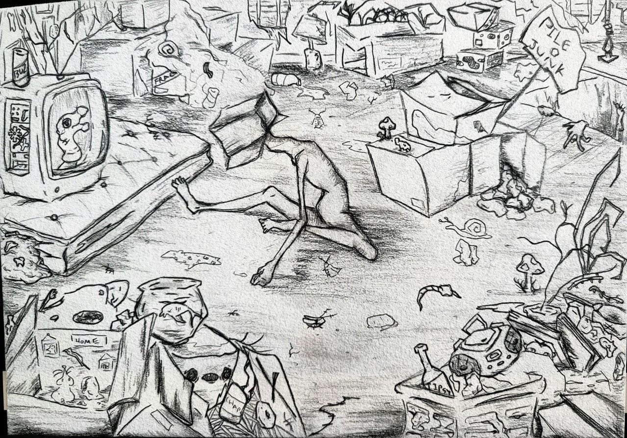 Black and white sketch with a figure in the middle