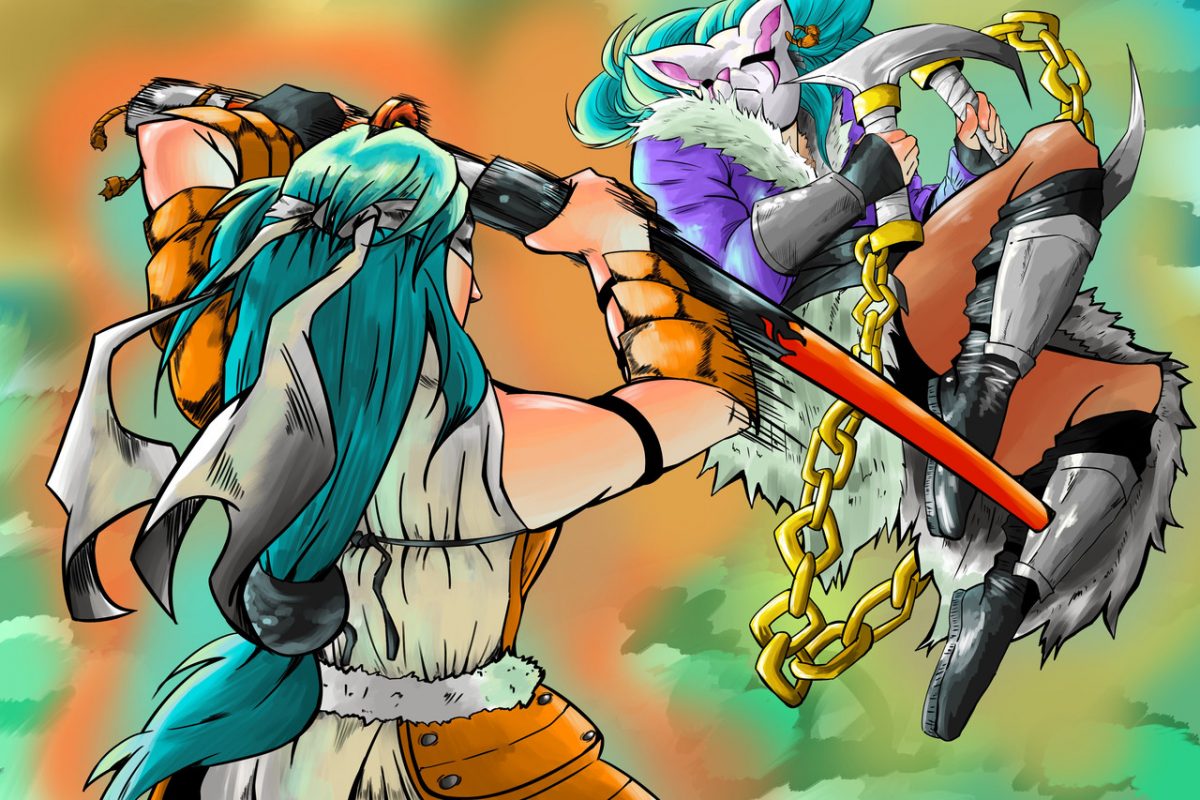 Colorful illustration of two characters fighting
