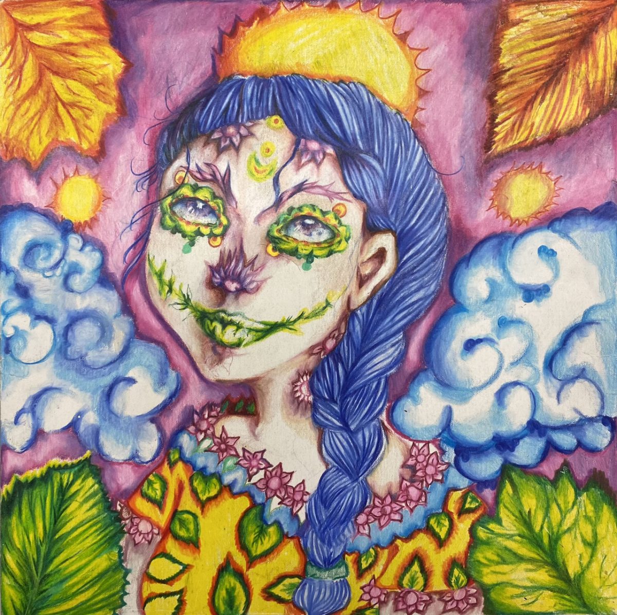 Colorful drawing of a girl with blue hair