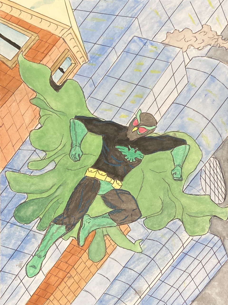 hand drawing of a super hero leaping down from a building