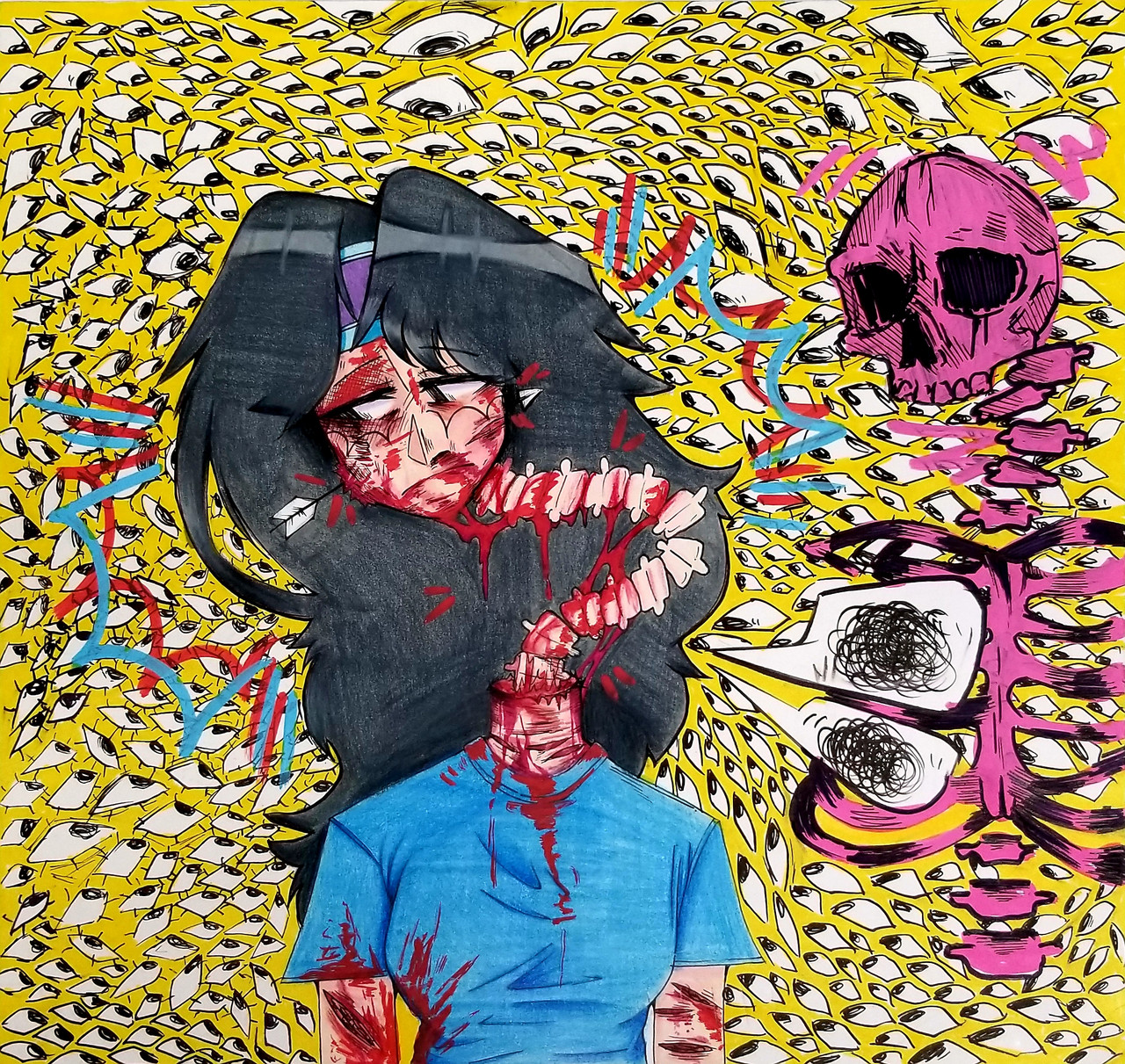 digital painting of a young woman surrounded by eyes and a skeleton