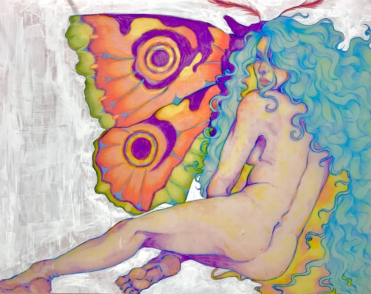 Drawing of a person with blue hair in front of a Butterfly