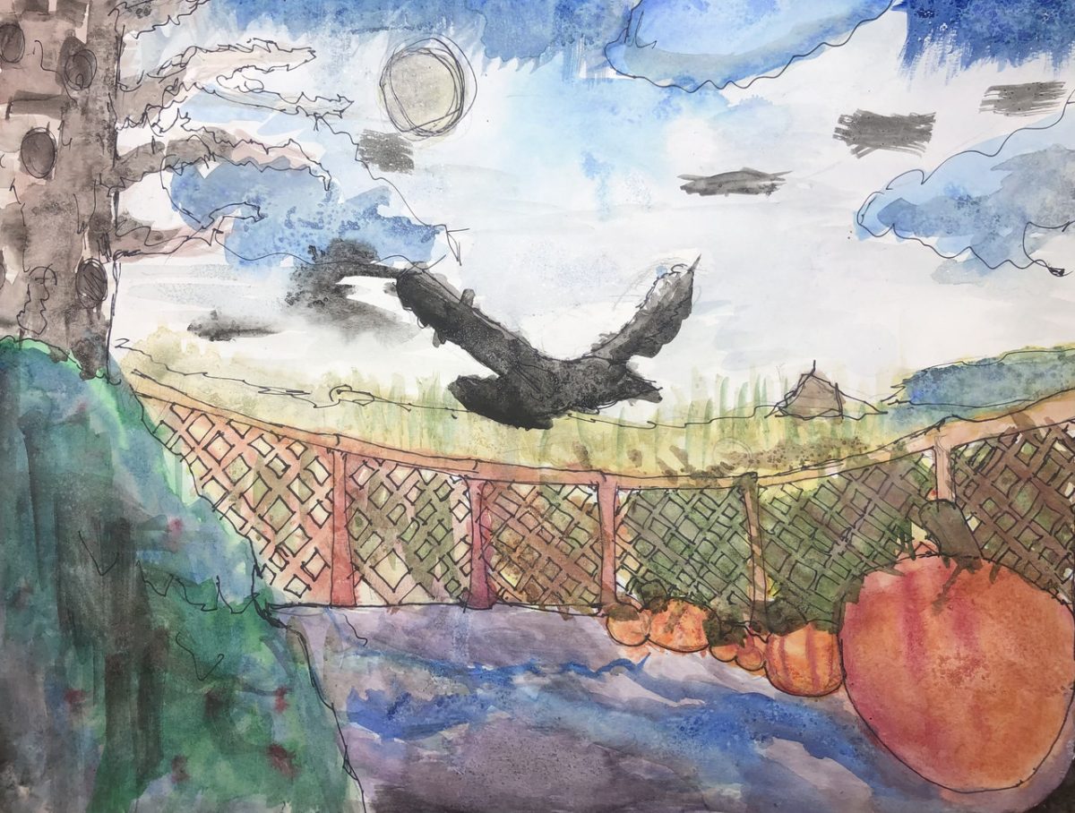 A painting of a bird soaring over a field and pumpkins