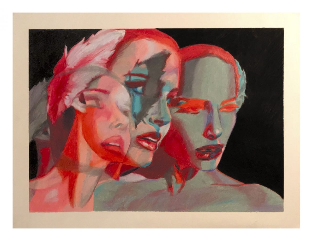 Colored pencil drawing of women's faces in reds and pinks