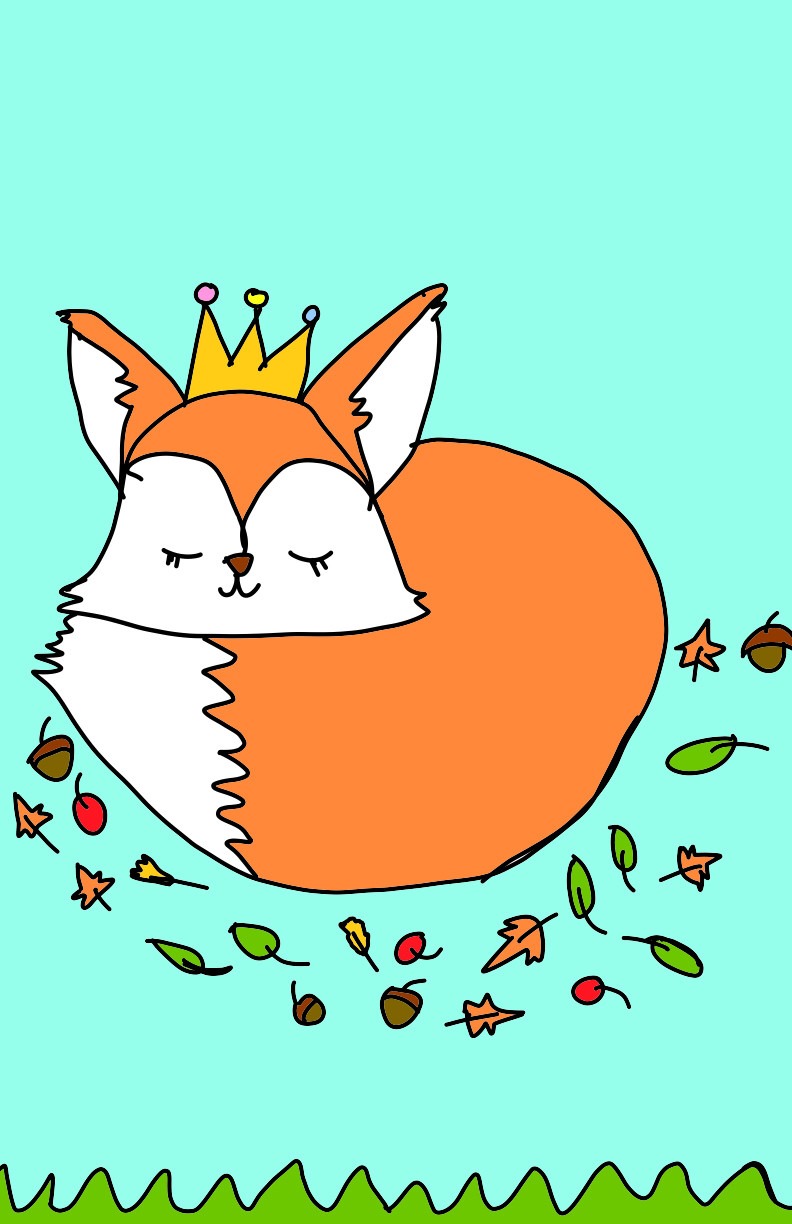 Teal colored background with sleeping fox wearing a crown and leaves surrounding it.