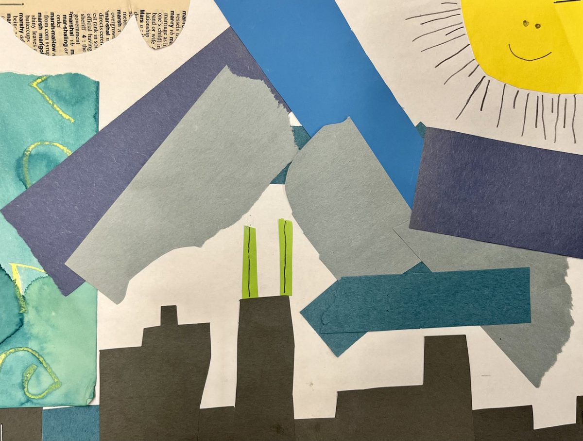 A collage showing a city skyline and a large sun