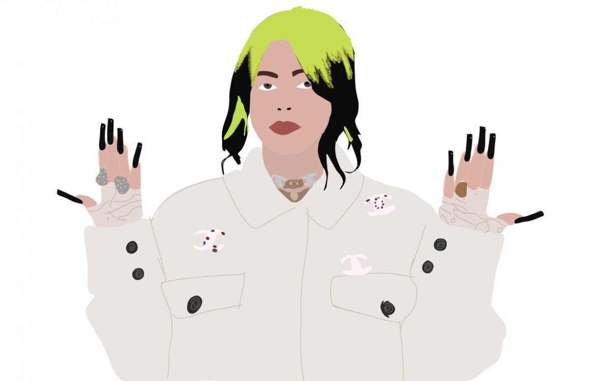 Image of woman with green and black hair posing with her hands up.
