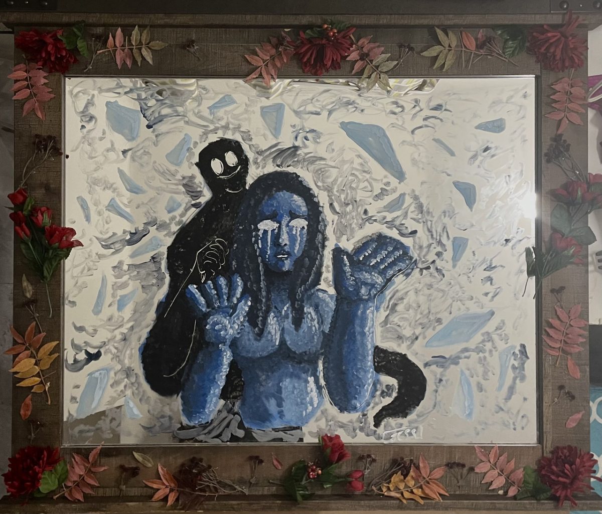Painting of a blue person with a black creature on their back