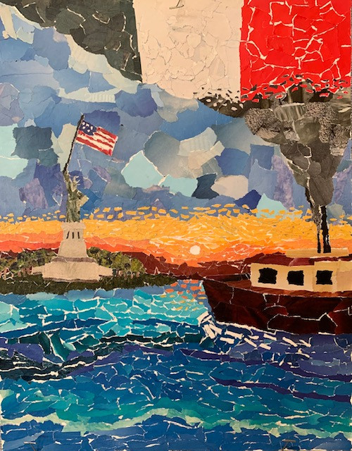 Collage of a scene with the statue of libery, a boat and the Mexican flag in the back