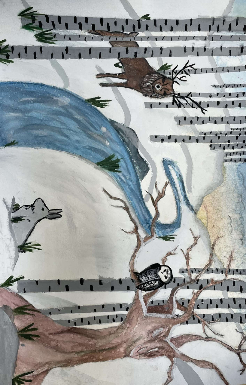 Tempera painting of a winter scene with a river, a deer and a bunny