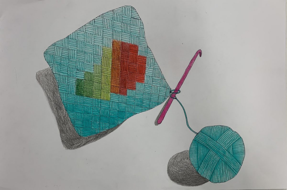 Colored pencil drawing of a crochet needle