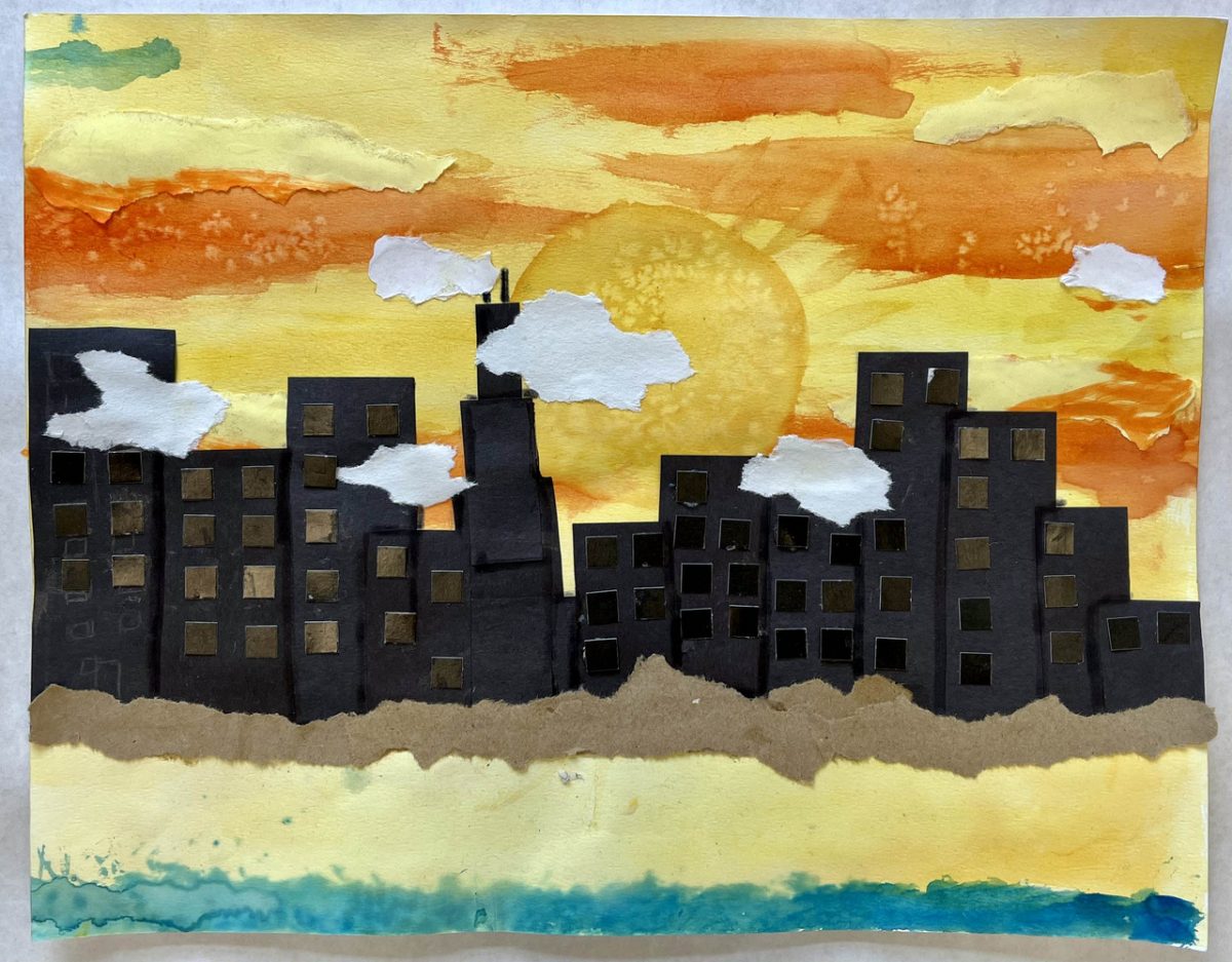 collage city against yellow and orange sunset