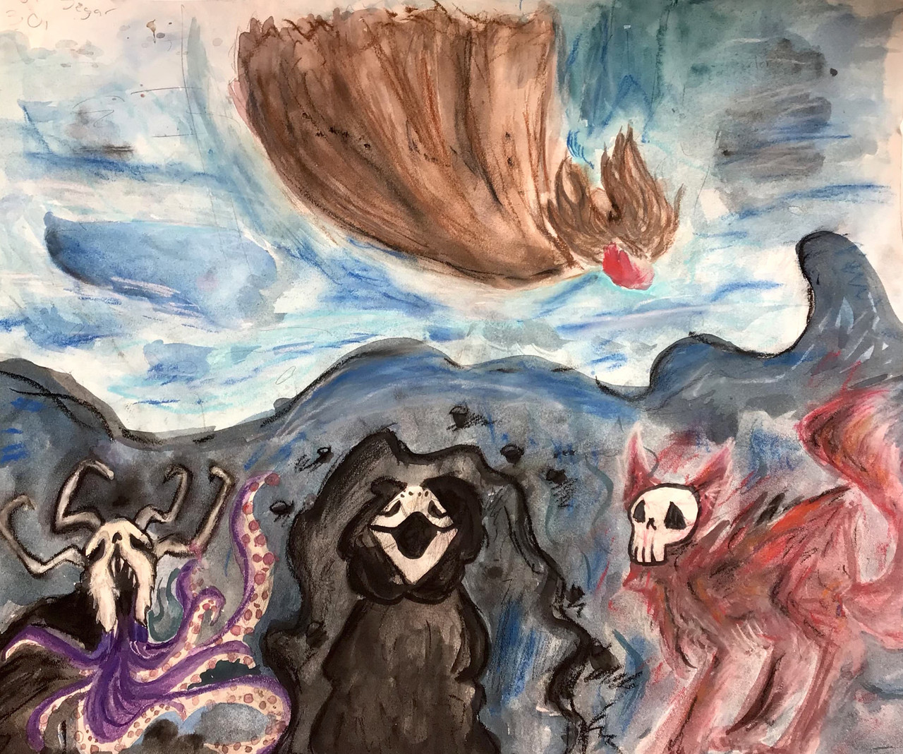 Surreal drawing of 3 creatures