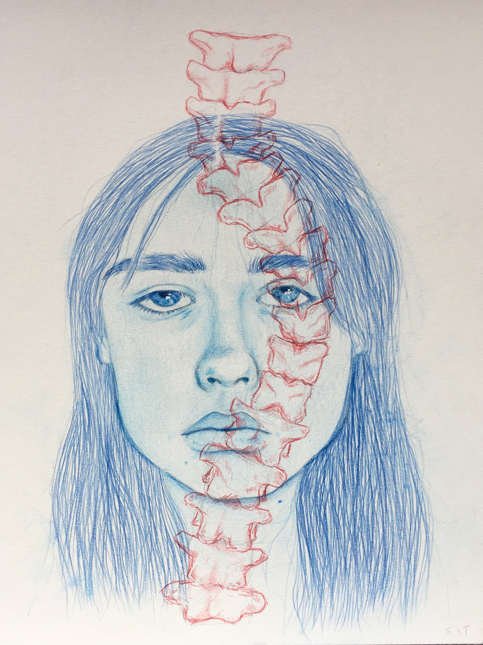 self portrait in blue overlaid by red spinal cord