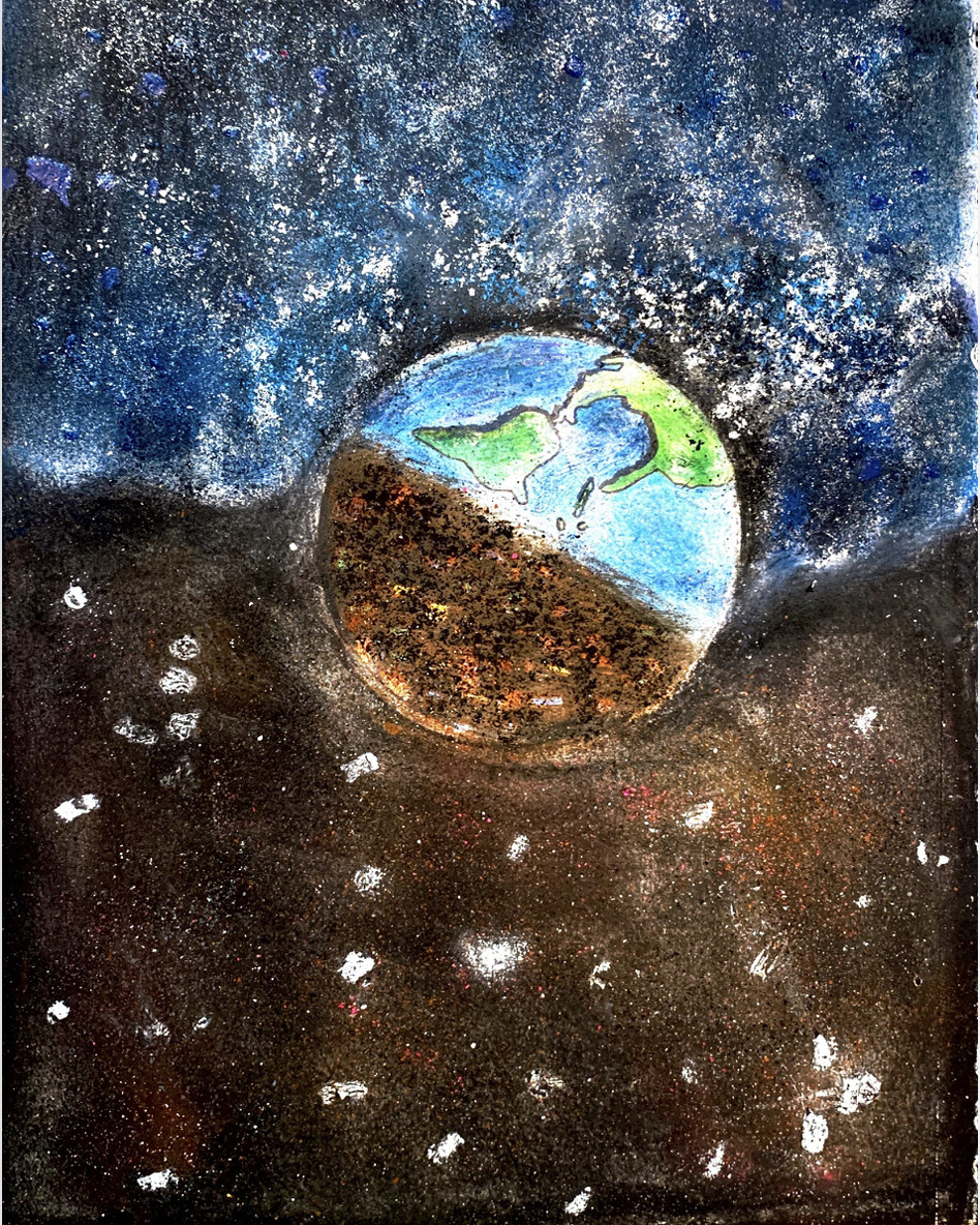 Chalk art on cement of an earth that is half blue and half brown