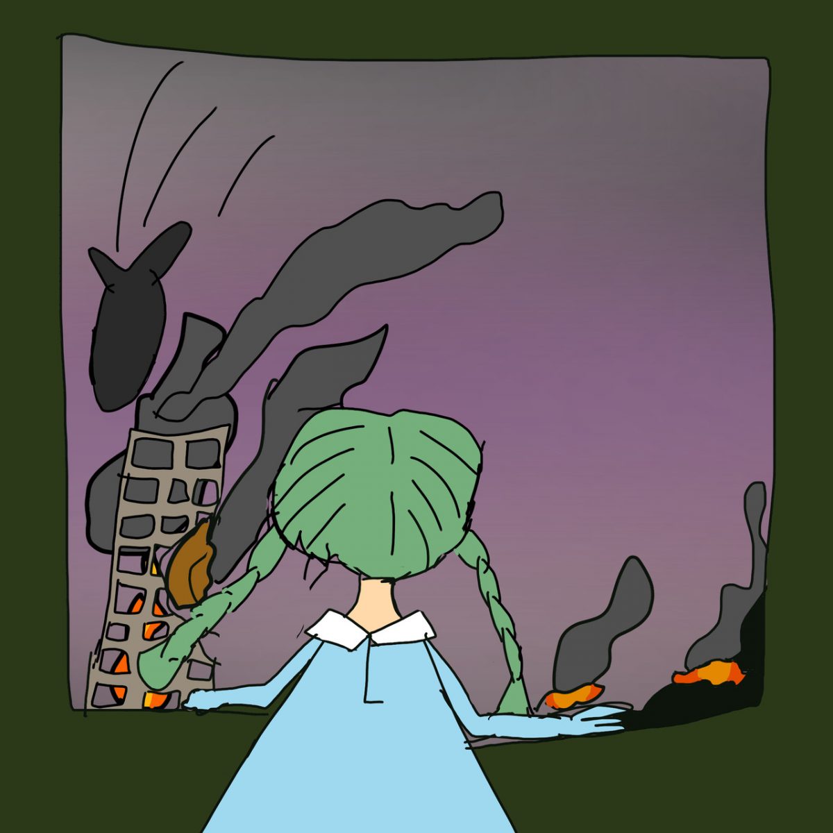 An image of a girl with green hair and pigtails looking out at bombs and buildings on fire.