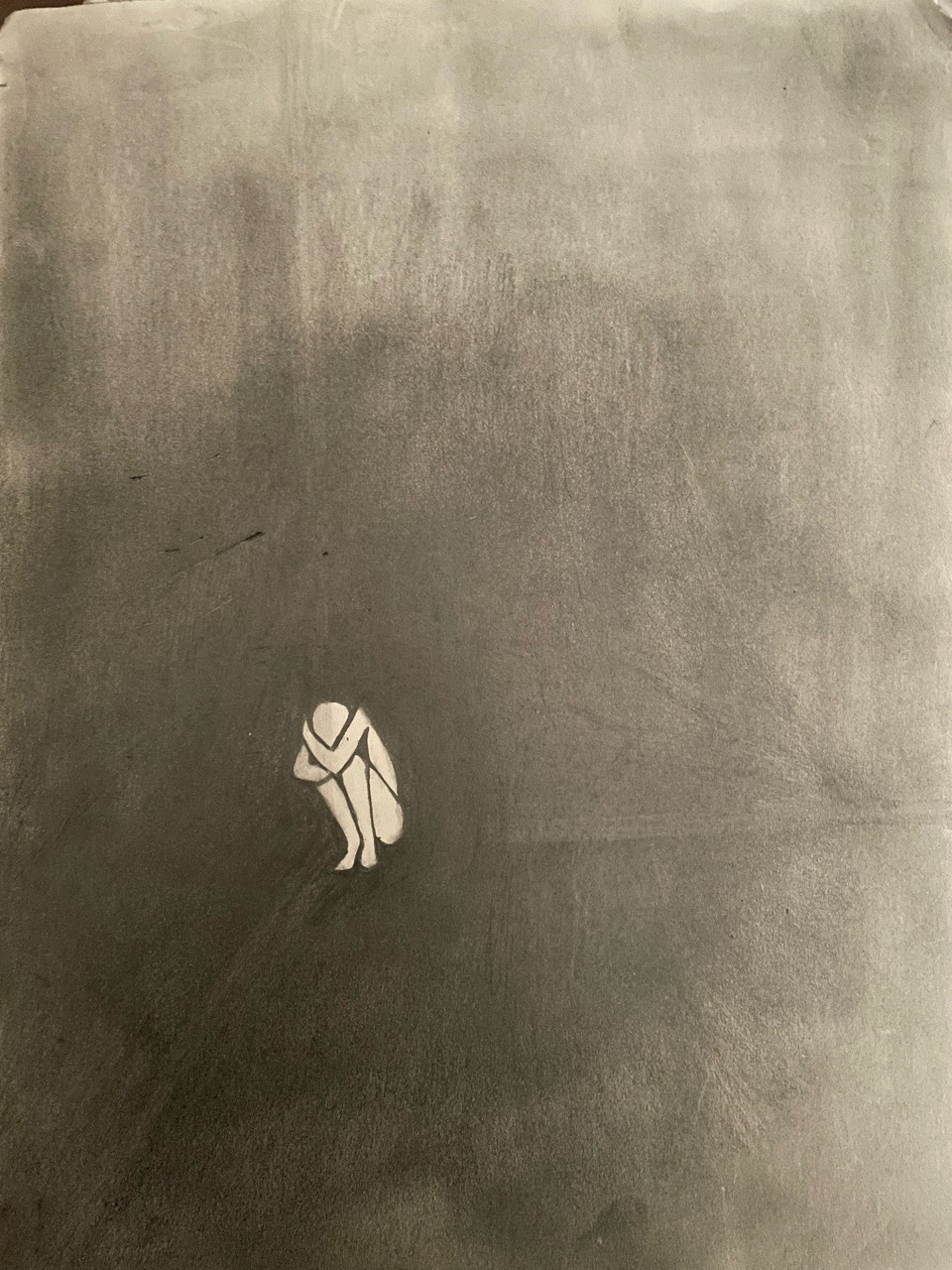 Pencil drawing of a person crouched with a dark background