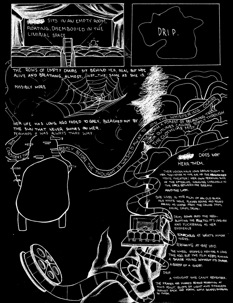 Black background with white drawings and words