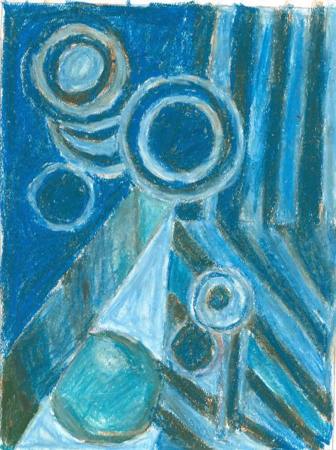 An abstract drawing of a series of blue and green circles and stripes.
