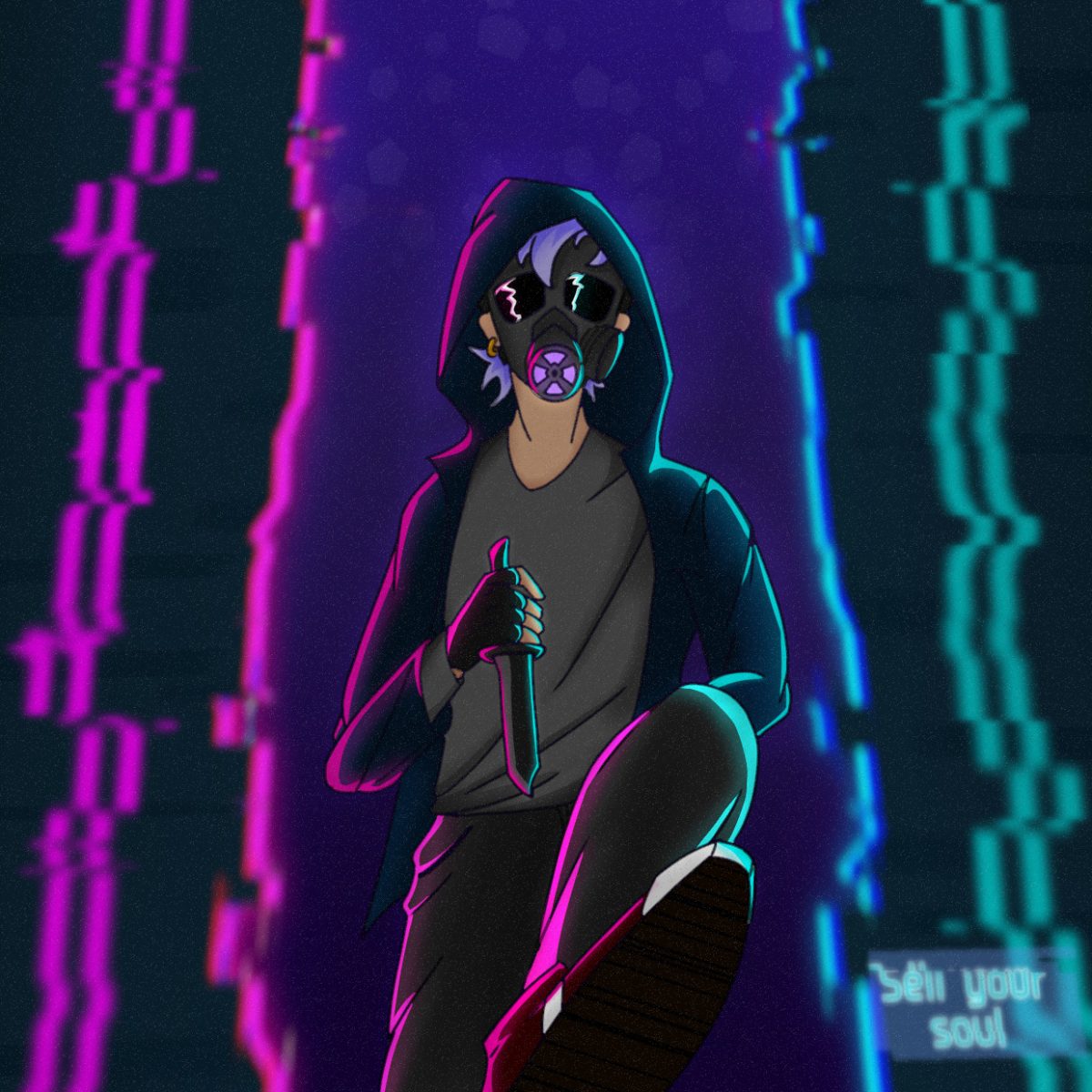 Graphic design of a person in darkness with neon colors behind them