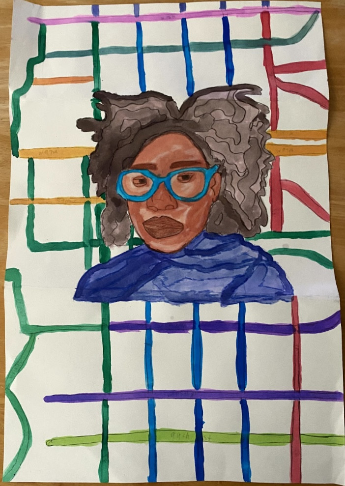Painting of a person with glasses and colorful lines painted in the back