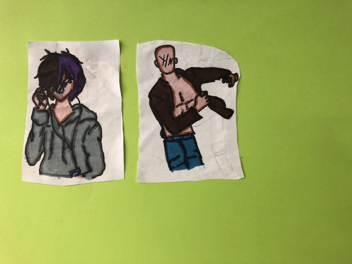 Drawing of two people with yellow background