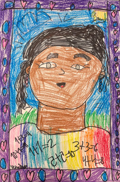 A drawing of a girl with a rainbow shirt that has math problems written on it.