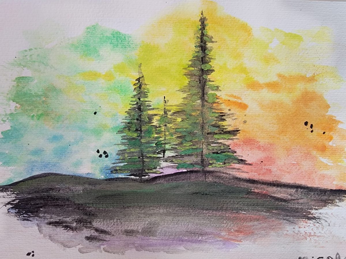 A painting of two tall pine trees with a colorful sky
