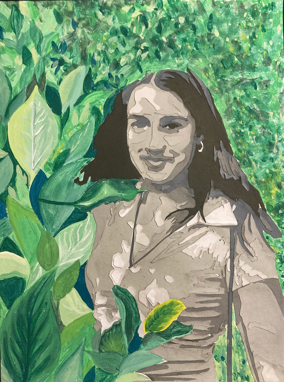 Mixed media of a girl set on a green background