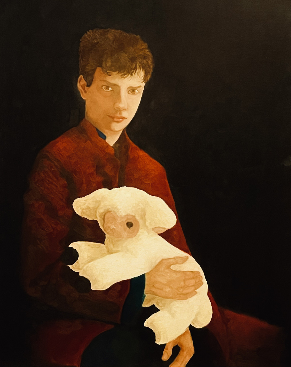 Oil painting of a boy in a red shirt holding a stuffed animal