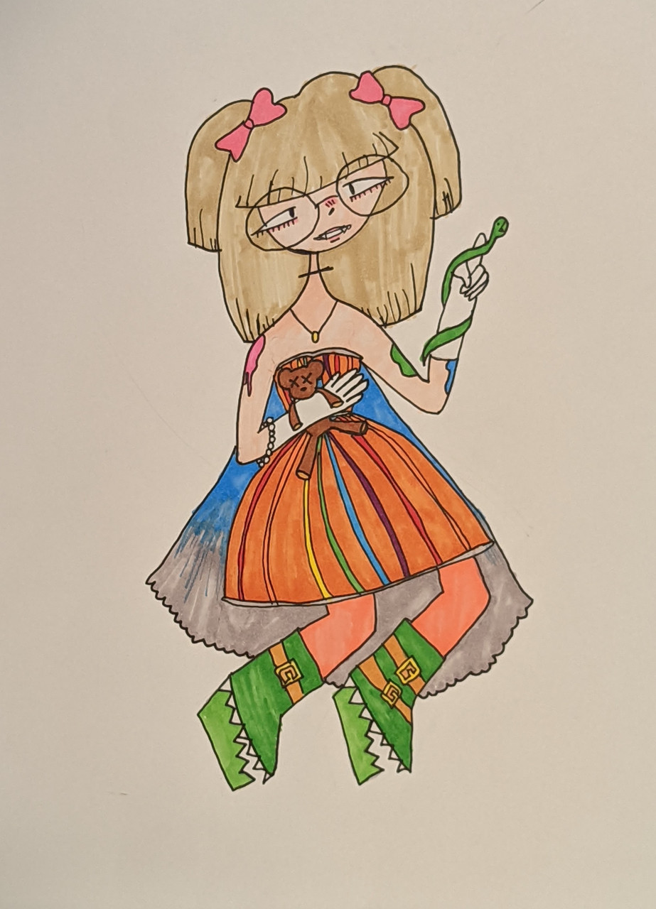 Cartoon drawing of girl in orange dress holding a snake.